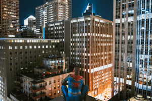 Adoptions in Pop Culture - Spider-Man sits atop a building overlooking the city.